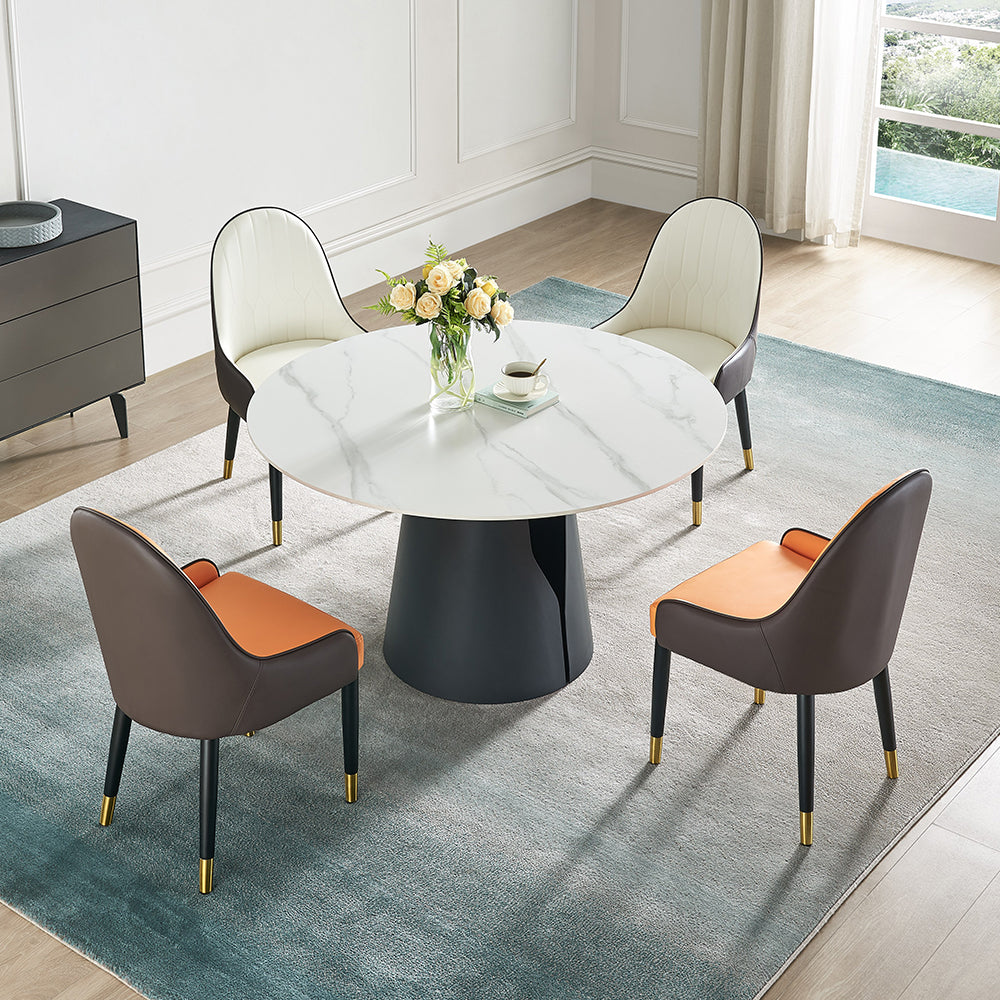Modern Round White Sintered Stone Dining Table with Black Steel Base