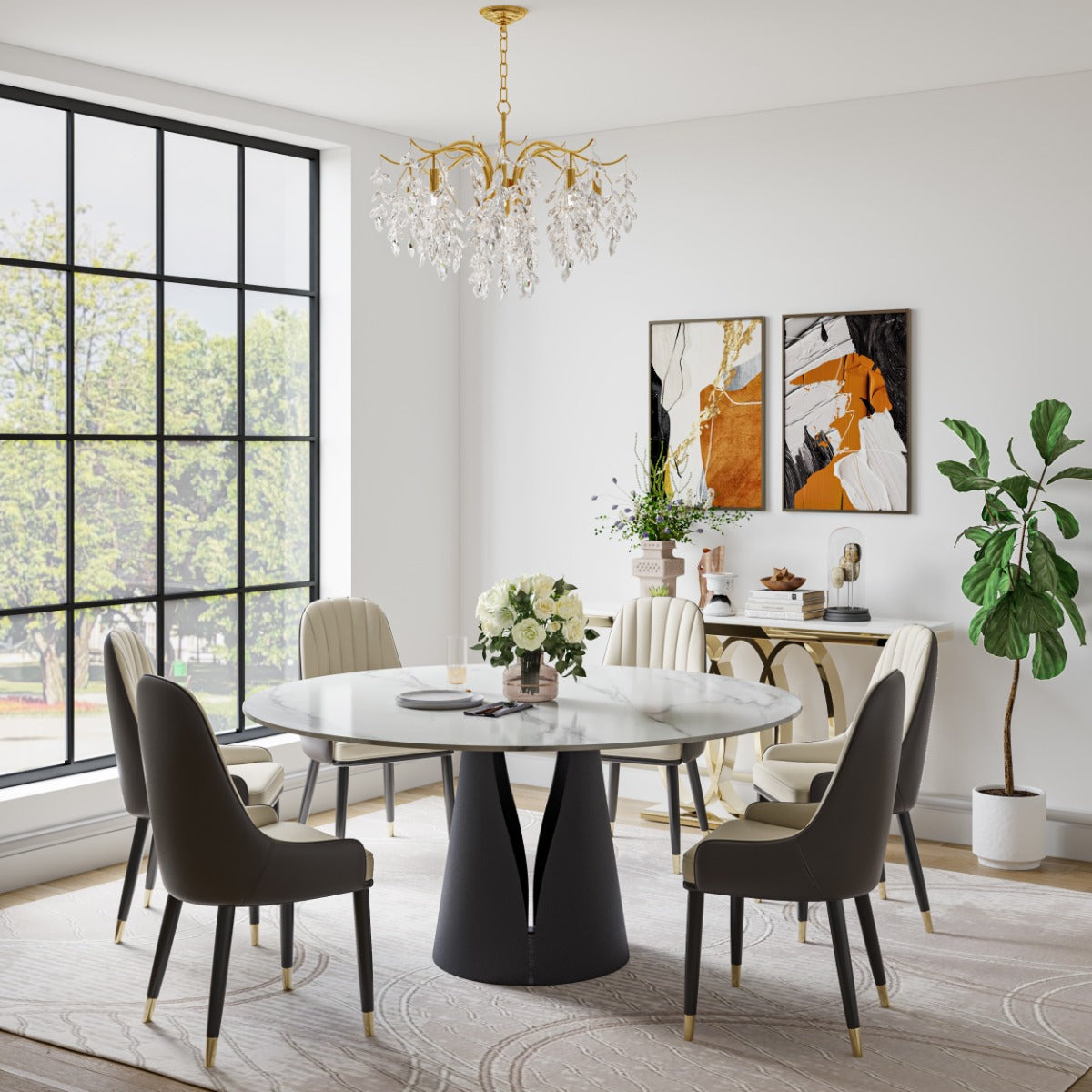 Modern Round White Sintered Stone Dining Table with Black Steel Base