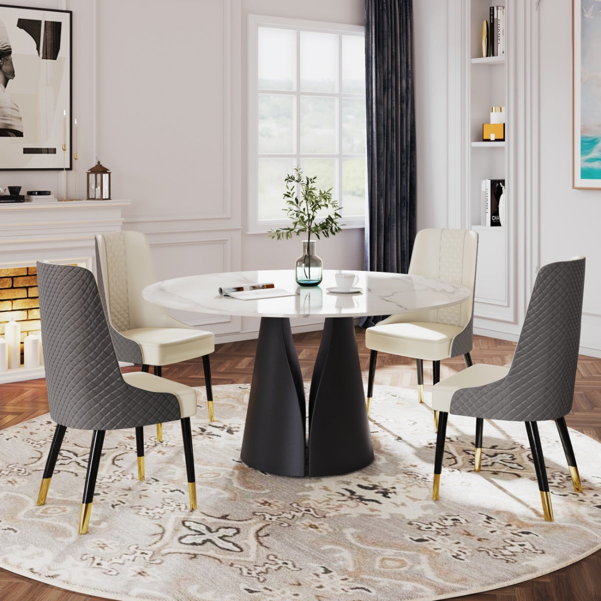 Modern Round White Sintered Stone Dining Table with Black Steel Base