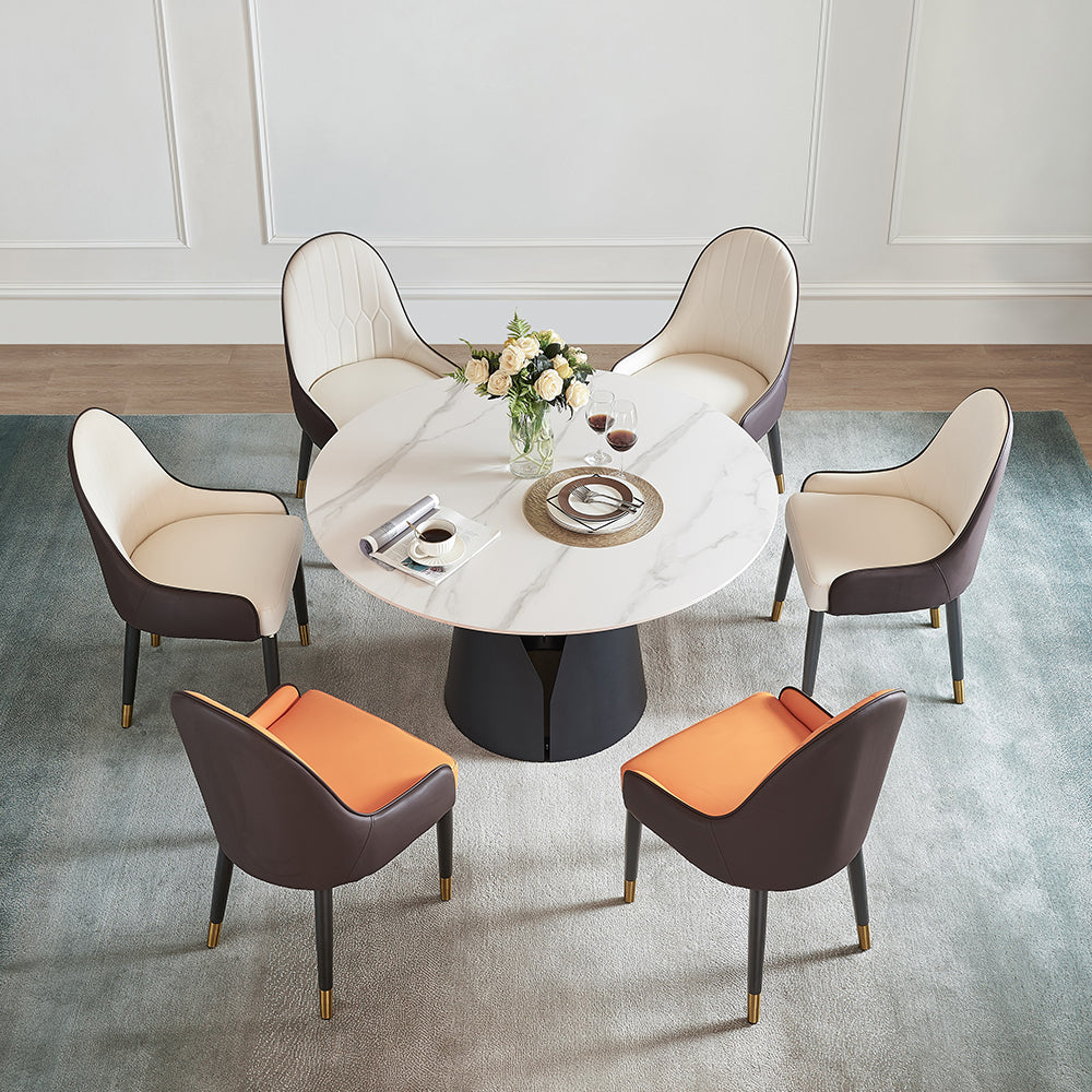 Modern Round White Sintered Stone Dining Table with Black Steel Base